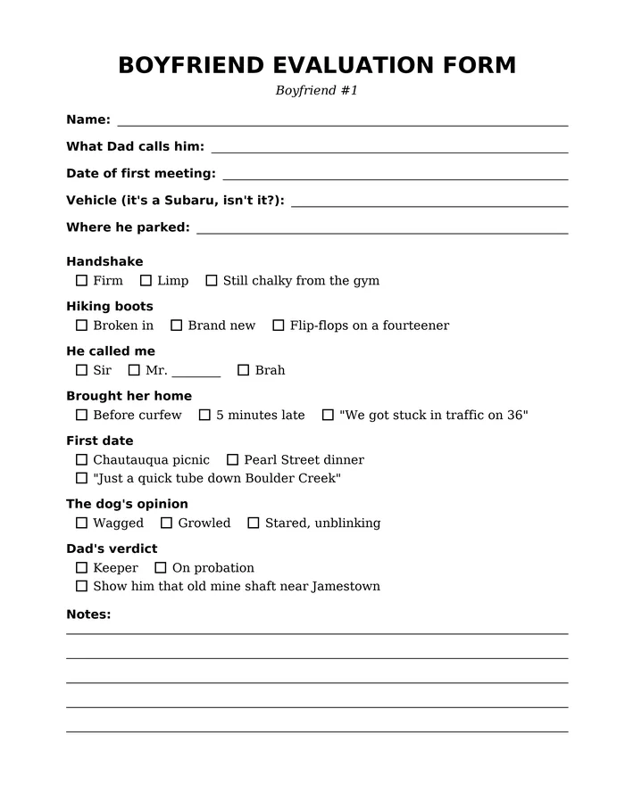 Evaluation form page from Where Bad Boyfriends Go in Boulder County