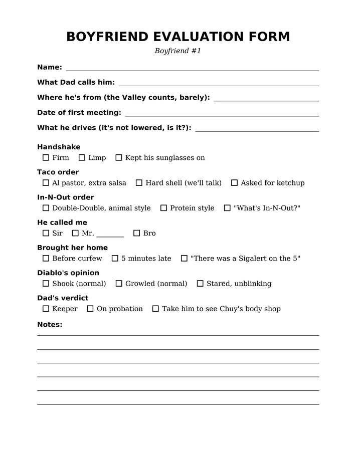 Evaluation form page from Where Bad Boyfriends Go in Los Angeles