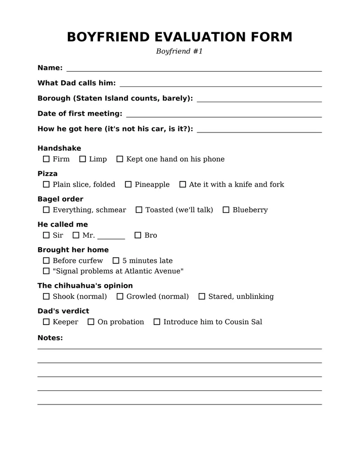 Evaluation form page from Where Bad Boyfriends Go in New York City