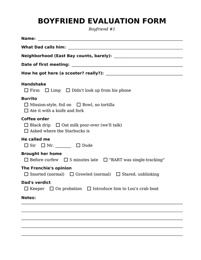 Evaluation form page from Where Bad Boyfriends Go in San Francisco